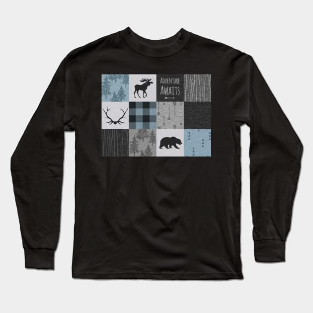 Adventure Awaits Patchwork - Blue, Grey and Black Long Sleeve T-Shirt by SugarPineDesign